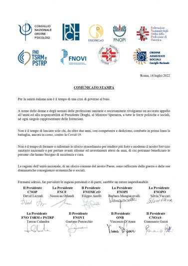 18.07.2022 Comunicato Stampa Fnopi Professioni Sanitarie:per la sanità italiana non è il tempo di una crisi di governo al buio