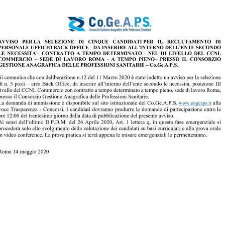 Avviso Cogeaps reclutamento personale Ufficio Back Office