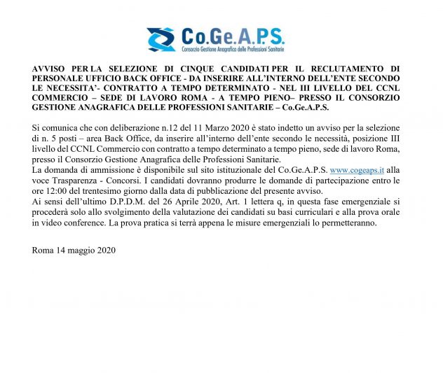 Avviso Cogeaps reclutamento personale Ufficio Back Office