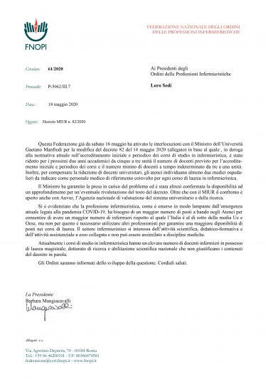 Modifica decreto n. 82 del 14.05.2020-Numero minimo di docenti dei corsi di laurea in Infermieristica