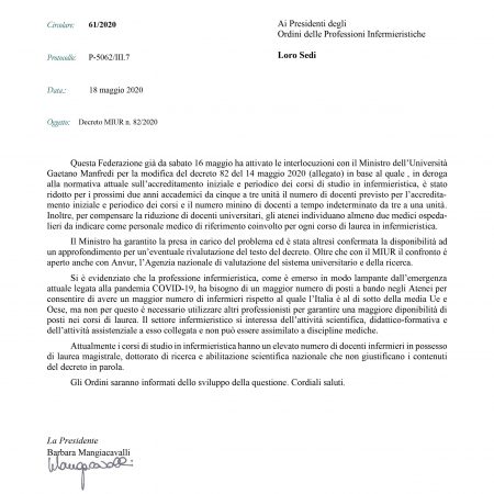 Modifica decreto n. 82 del 14.05.2020-Numero minimo di docenti dei corsi di laurea in Infermieristica