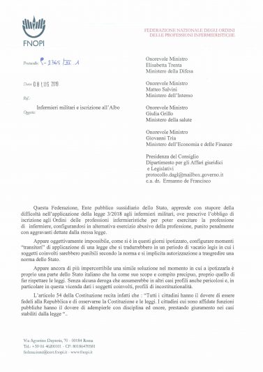Comunicazione Fnopi Infermieri Militari ed iscrizione all’albo