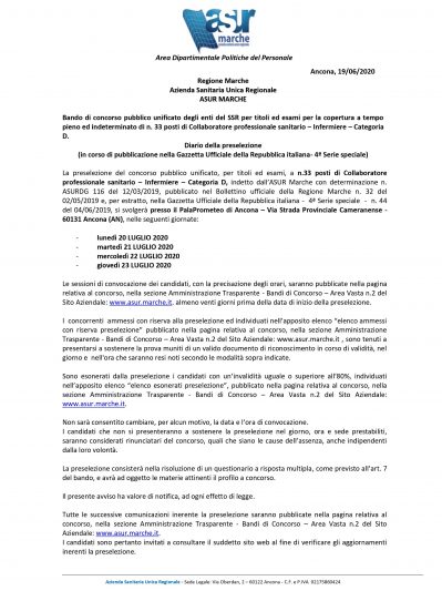 Asur Marche-Diario preselezione per bando di concorso n.33 posti collaboratore professionale sanitario-Infermiere Cat.D