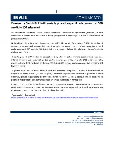 Reclutamento Infermieri e medici INAIL