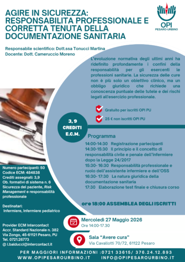 27.05.2026 Corso Agire in sicurezza: Responsabilità professionale e corretta tenuta della documentazione sanitaria